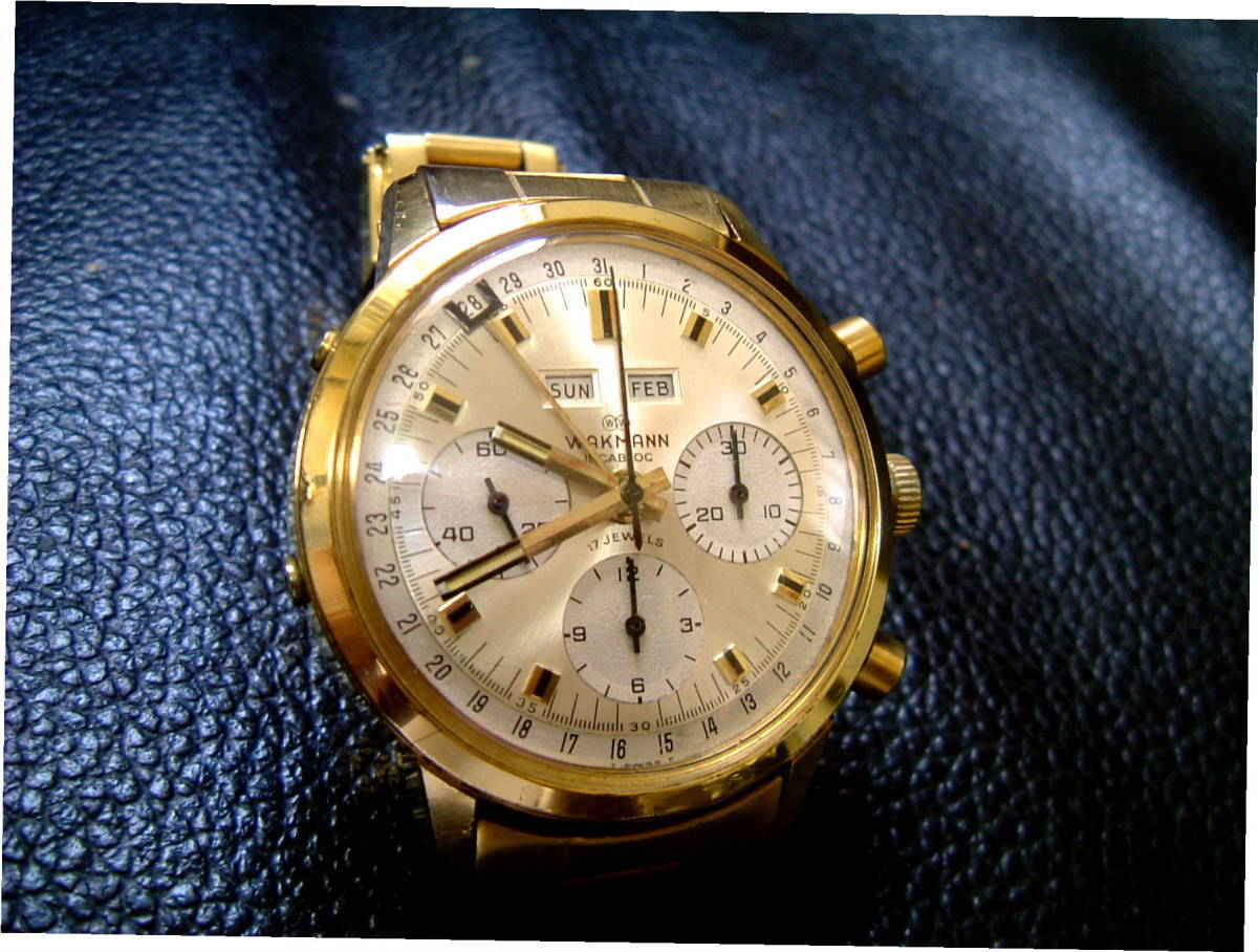 は自分にプチご褒美を ワックマン ◆　レトロ　ヴィンテージ　クロノグラフカレンダー　GOLD　WAKMANN　機械式　手巻き　時計　ブライトリング　レア　1960年代 アナログ（手巻き）