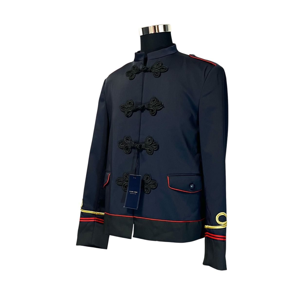 【希少】ZARA ザラ ナポレオンジャケット メンズ ブラック×レッド 銀ボタン 新品・タグ付き】【XL】ZARA MANザラ ナポレオンジャケット