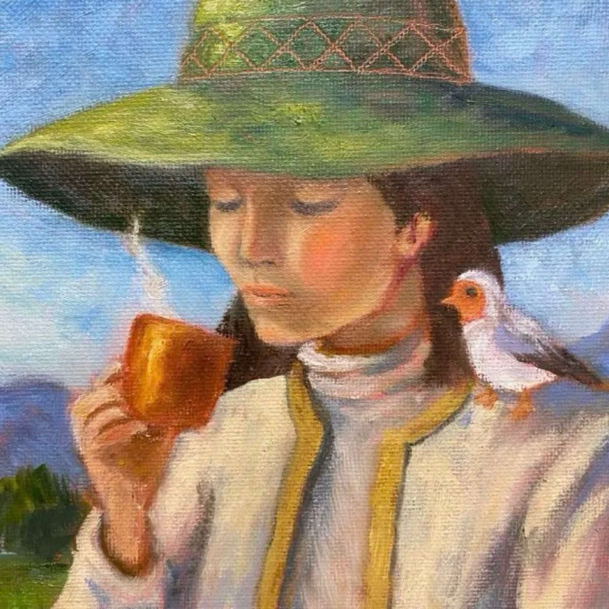 小鳥と女性のモーニングF4 油彩画 絵画 油絵 絵画 女性 読書 ティータイム F4 ハンドメイド|Yahoo