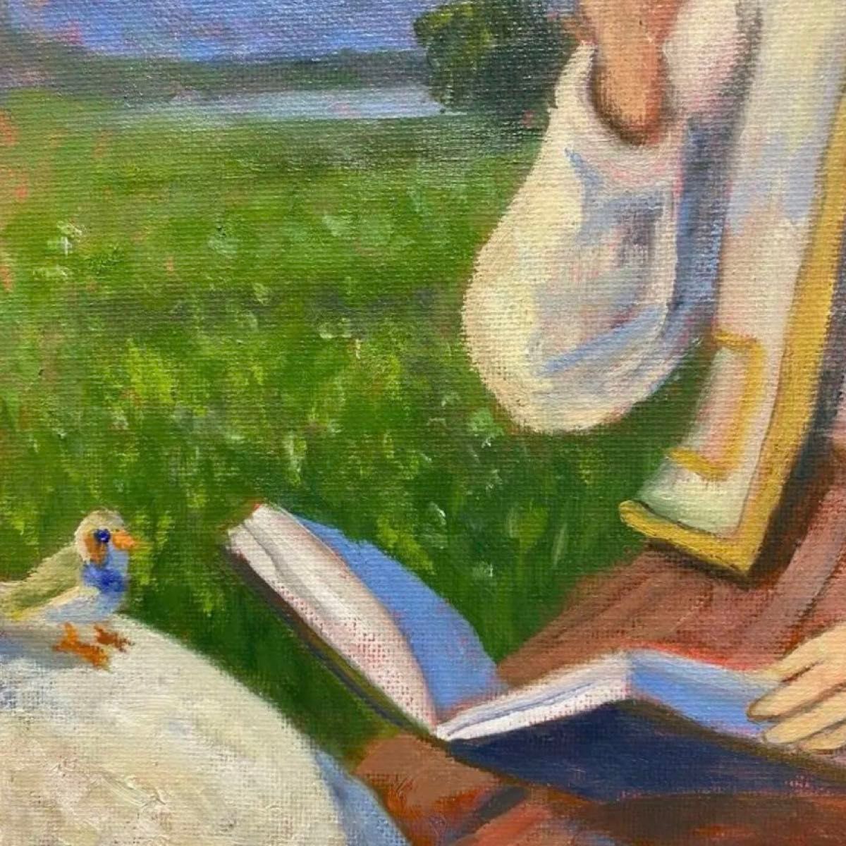 小鳥と女性のモーニングF4 油彩画 絵画 油絵 絵画 女性 読書 ティータイム F4 ハンドメイド|Yahoo