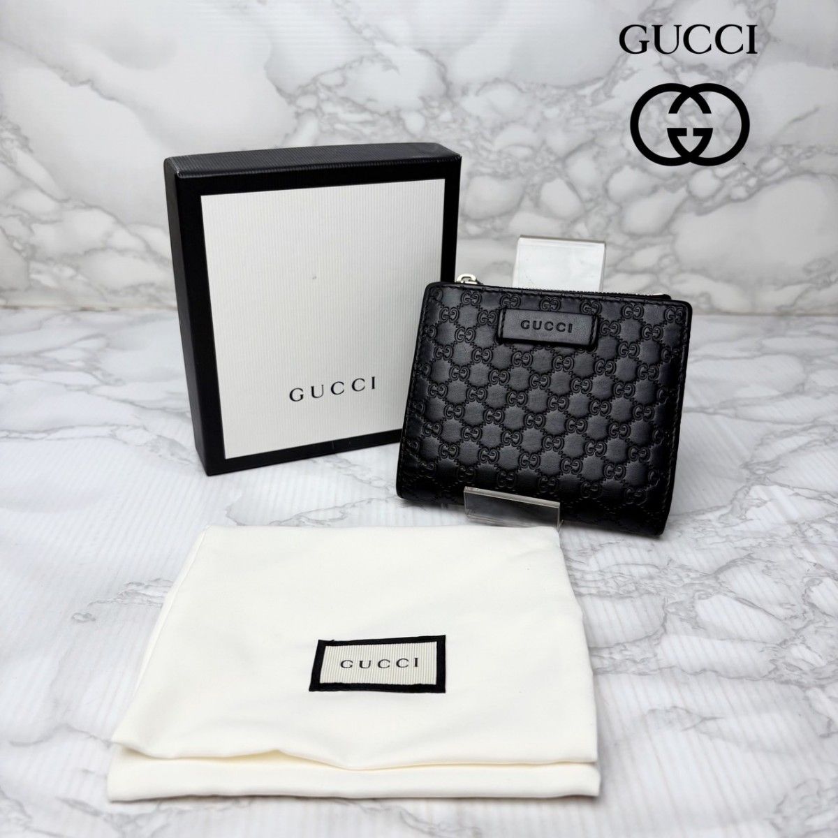極美品⭐️GUCCI 2つ折り財布 マイクロシマレザー ブラック 箱付き 01 極美品 GUCCI グッチ シマ マイクロシマ 二つ折り財布
