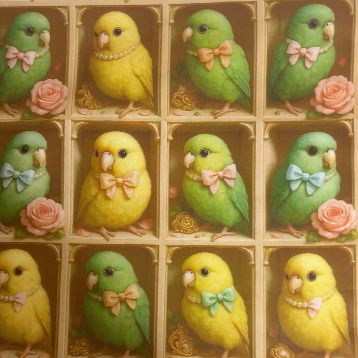 99cmx110cm夏新柄 88匹3D立体感可愛いインコパールリボン薔薇飾りシーチングプリント生地コットン布地ハントメイド用ハギレ