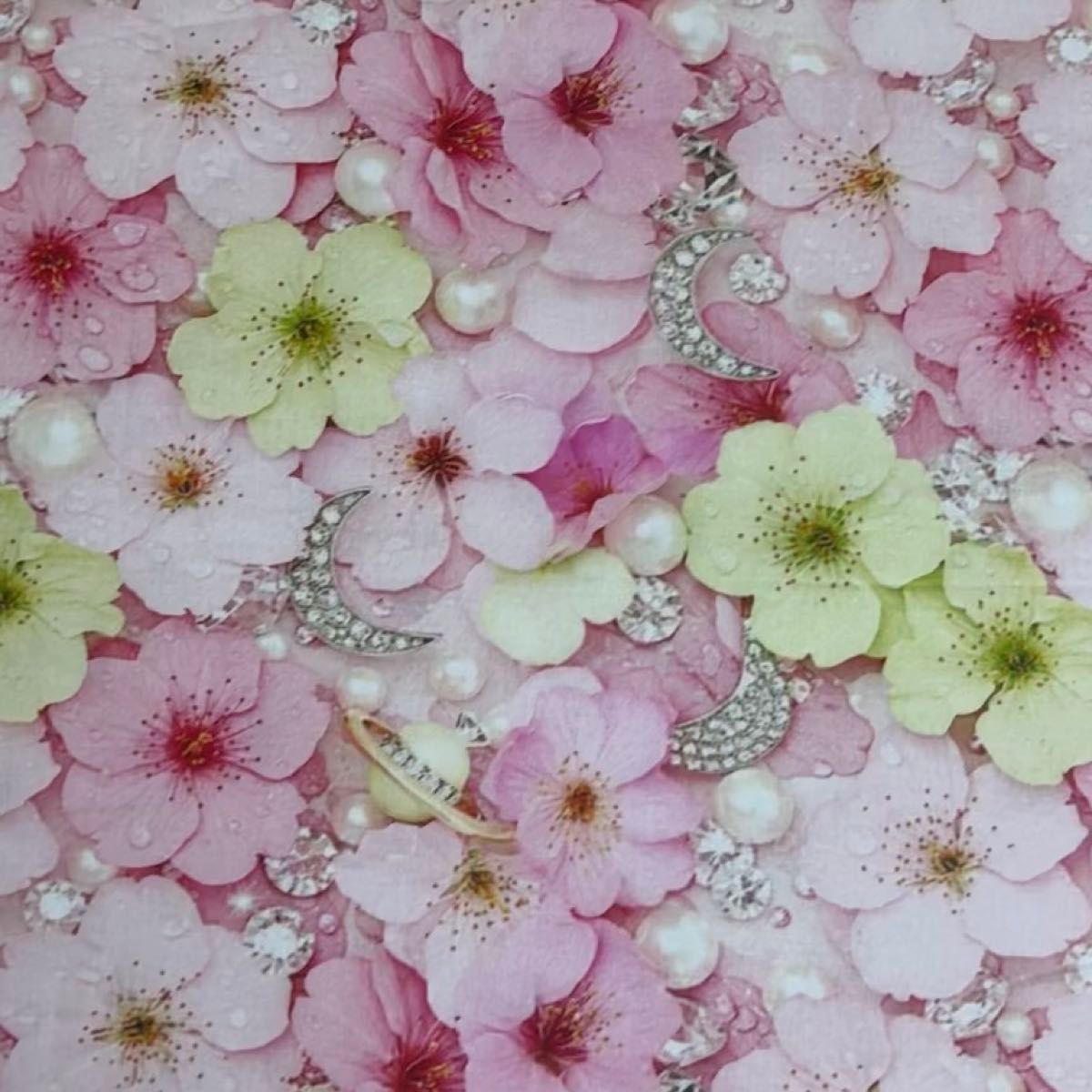 長さ100cm*110cm(幅)新柄薄ピンク桜さくらパールレラインストーン月コットンプリント生地ハンドメイド用シーチングハギレ生地