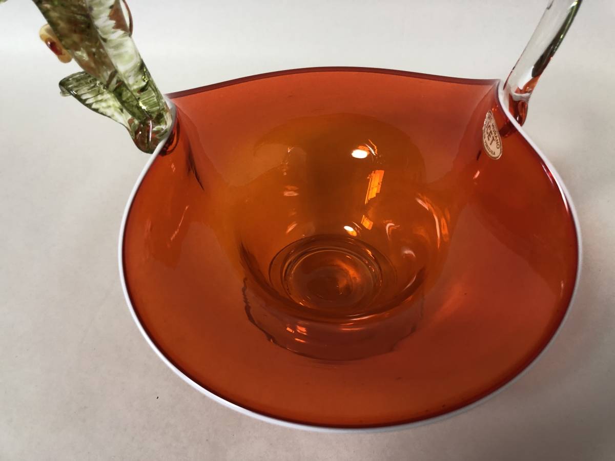 ベネチアンガラス　ARTE　MURANO　ムラーノ　ガラス　手付　コンポート　縁乳白色オレンジ色　持ち手に花文　レトロ雑貨_画像8