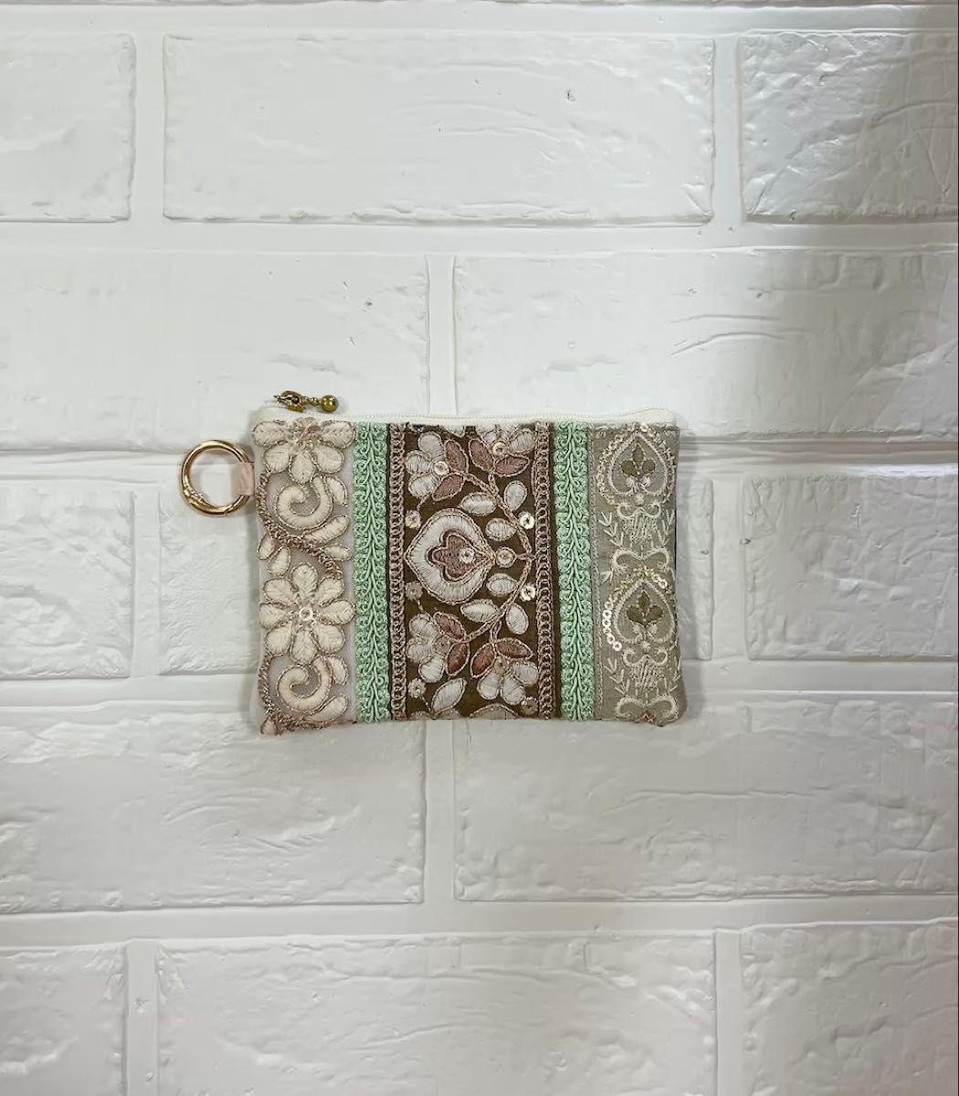 new ③ インド刺繍リボン ミニポーチ コインポーチ 小物入れ 小銭入れ ハンドメイド 大人可愛い くすみグリーン系