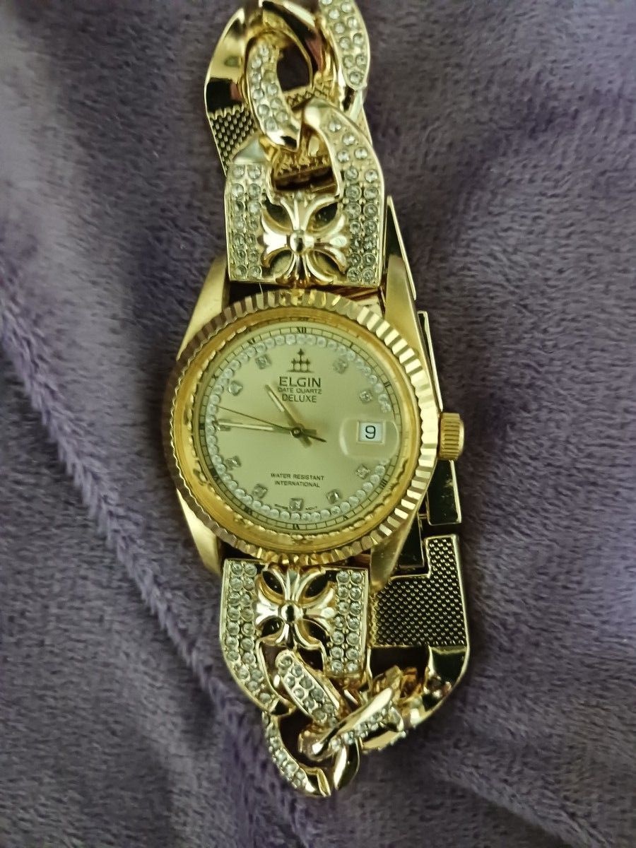 エルジン クオーツ メンズ腕時計 ELGIN エルジン DATE QUARTZ DELUXE メンズ腕時計 ゴールド