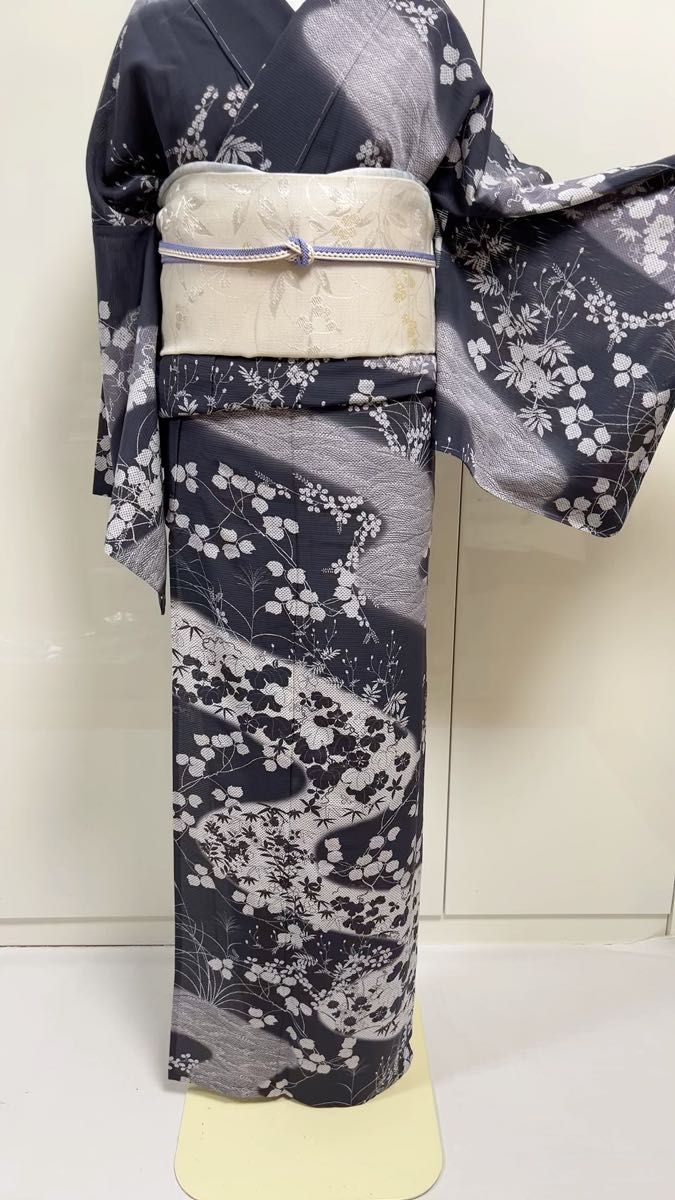 きもの 訪問着 絽 夏物 7月8月に 着物 LLサイズ 道長取 グレー ネイビー 正絹 着物単品販売