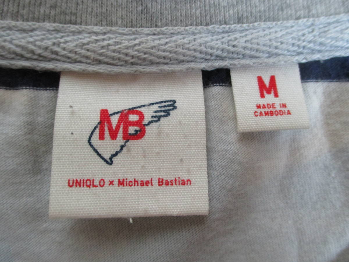 送料180円 UNIQLO Michael Bastain 半袖 ポケット付き ボーダー Tシャツ 水色 M 身幅49cm ユニクロ マイケルバスティアン カットソー_タグ