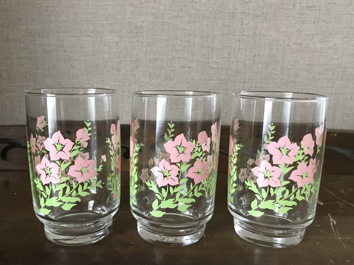 昭和レトロ食器　ピンク　ききょう　佐々木ガラス　ガラスコップ　３個セット_画像1