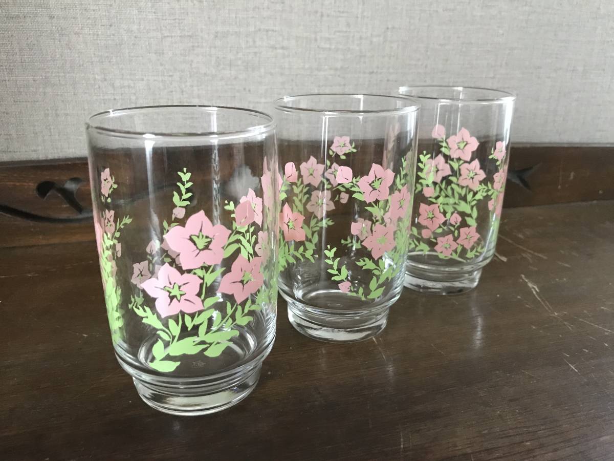 昭和レトロ食器　ピンク　ききょう　佐々木ガラス　ガラスコップ　３個セット_画像7