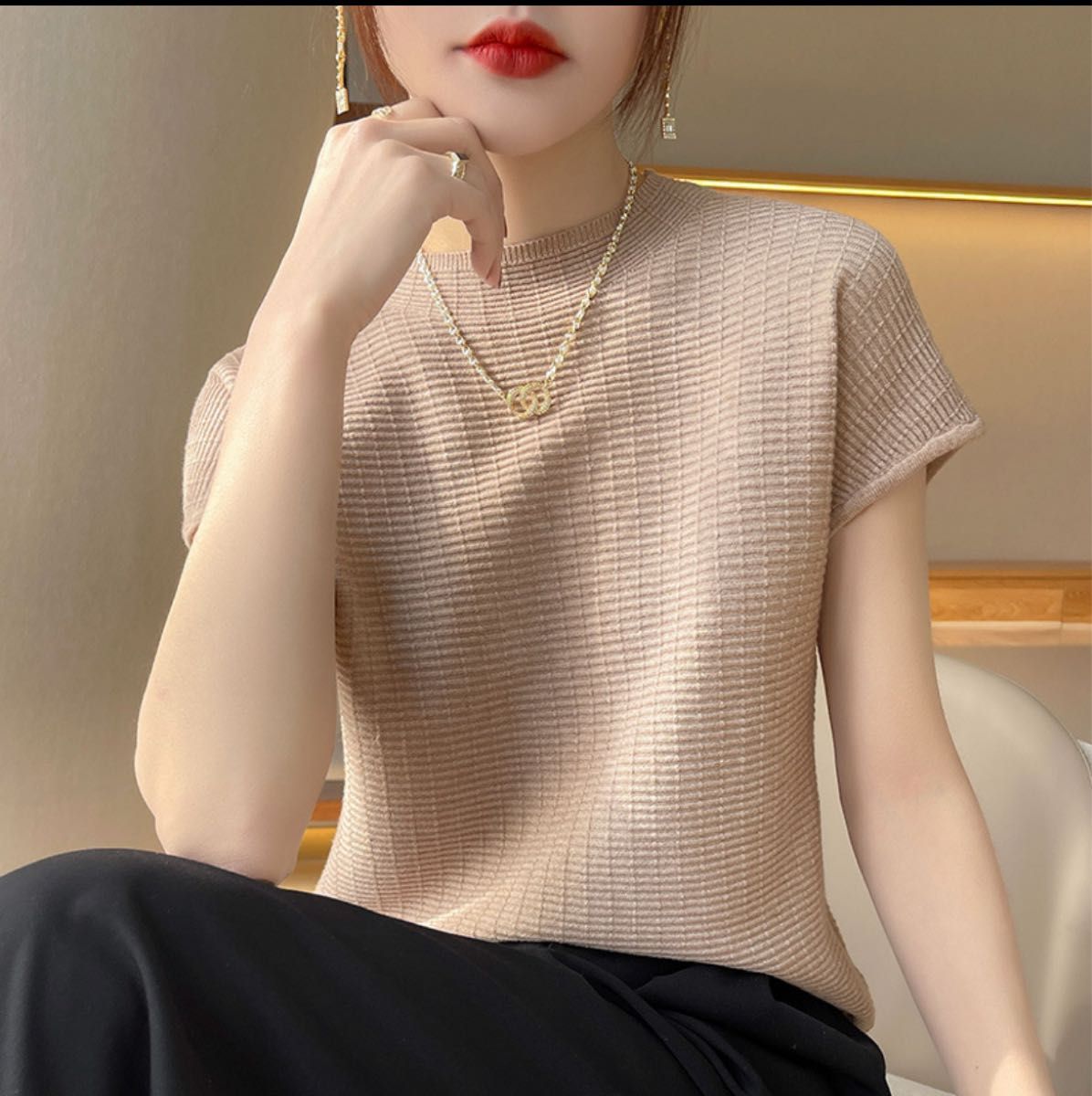 【美品】23区 フレンチスリーブ サマーニット カットソー 半袖 ライトべージュ サマーニット L フレンチスリーブ ハーフタートル ベージュ 大人
