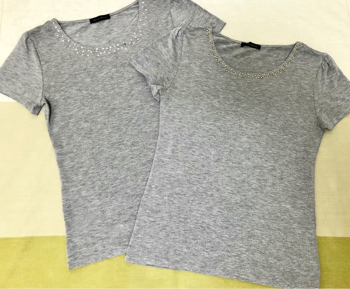 2枚セット ラインストーン ビジュー Tシャツ M ライトグレー  半袖 カットソー オフィス 仕事