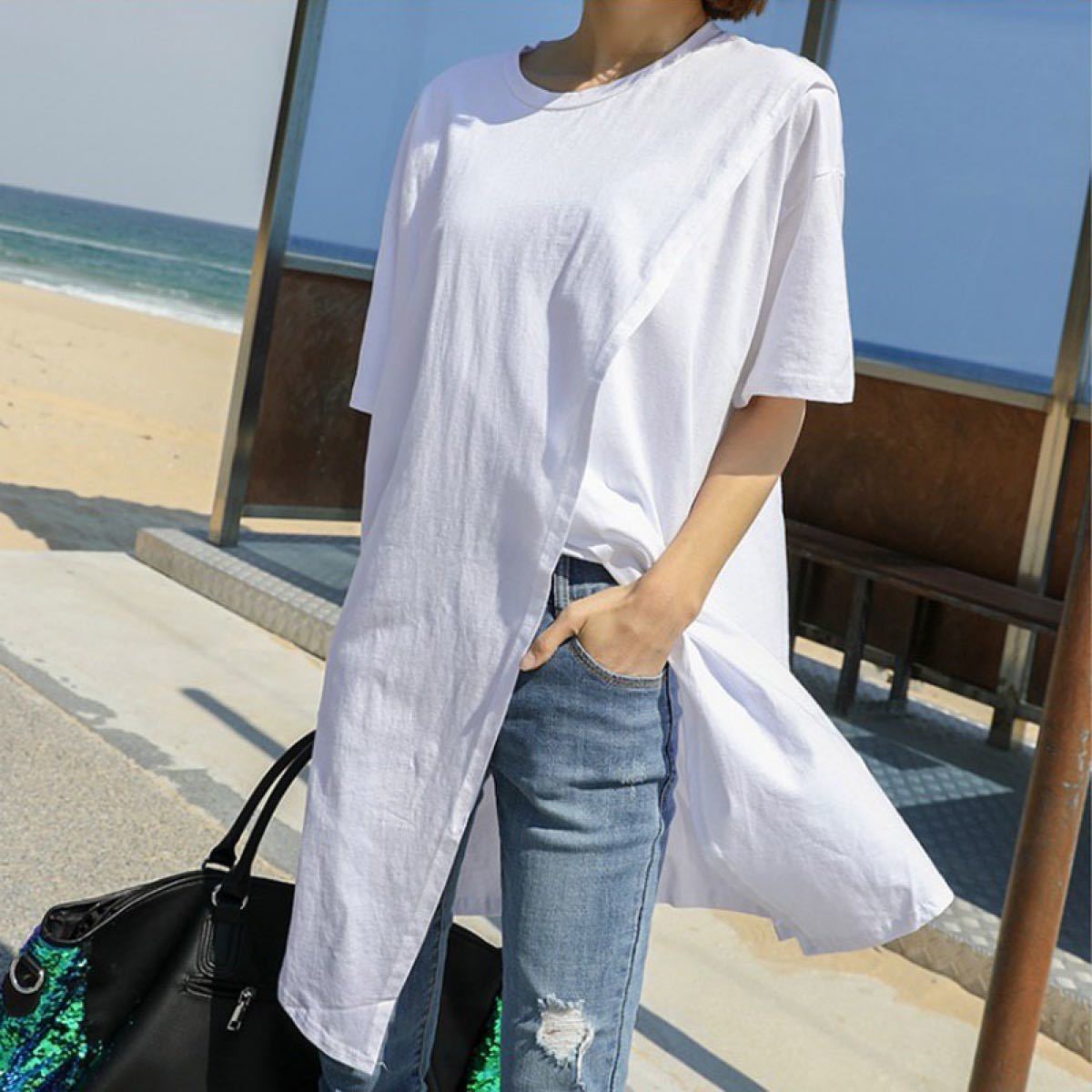 【とーこ様専用】スリットTシャツ ロング丈 トップス 体型カバー ホワイト ザラ 韓国