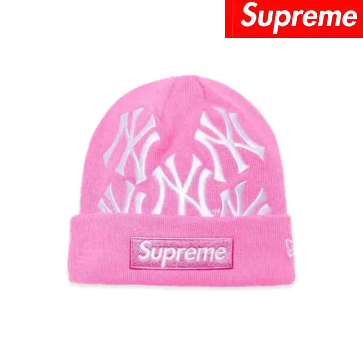 ニューエラ×supreme ピンク ビーニー シュプリーム ニューヨークヤンキース ニューエラ ボックスロゴ