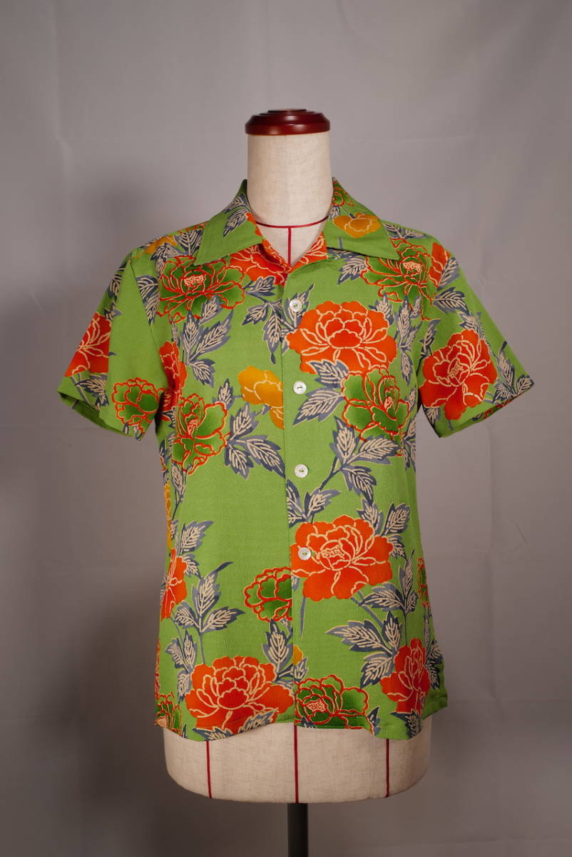 レディース アロハ シャツ 正絹 緑の縮緬×オレンジの牡丹ハンドメイド シルク 和柄 着物 リメイク hoihoikeiki
