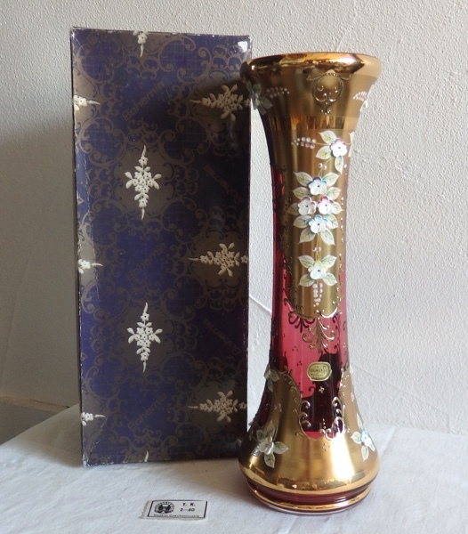 BOHEMIA ボヘミア ハイエナメル 金彩 赤 花文 ガラス 花瓶 花入 チェコ