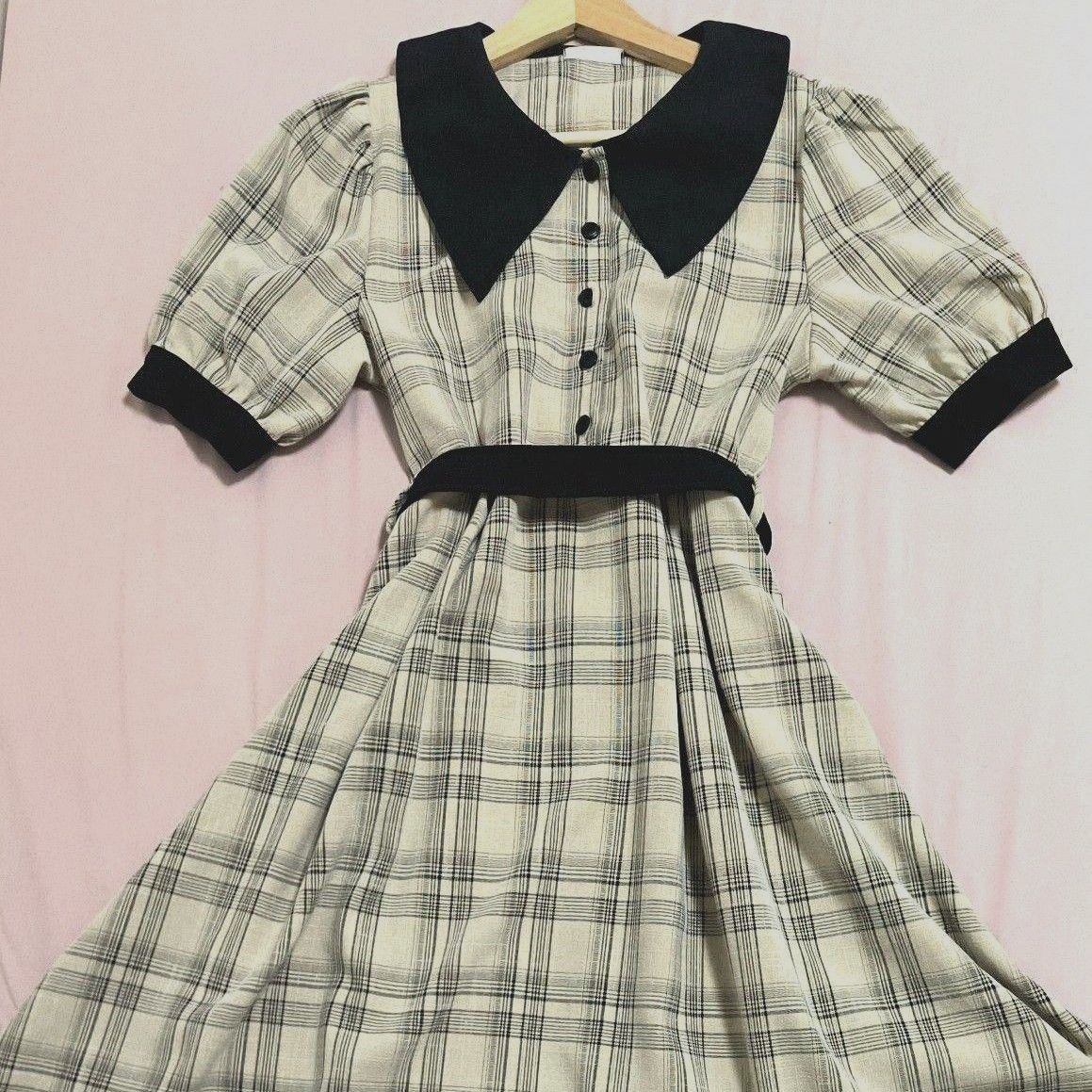 ピンク チェック柄 ノースリーブ ワンピース　ベルト付き ベルト付きワンピース(チェック柄黒&くすみピンク)｜Yahoo