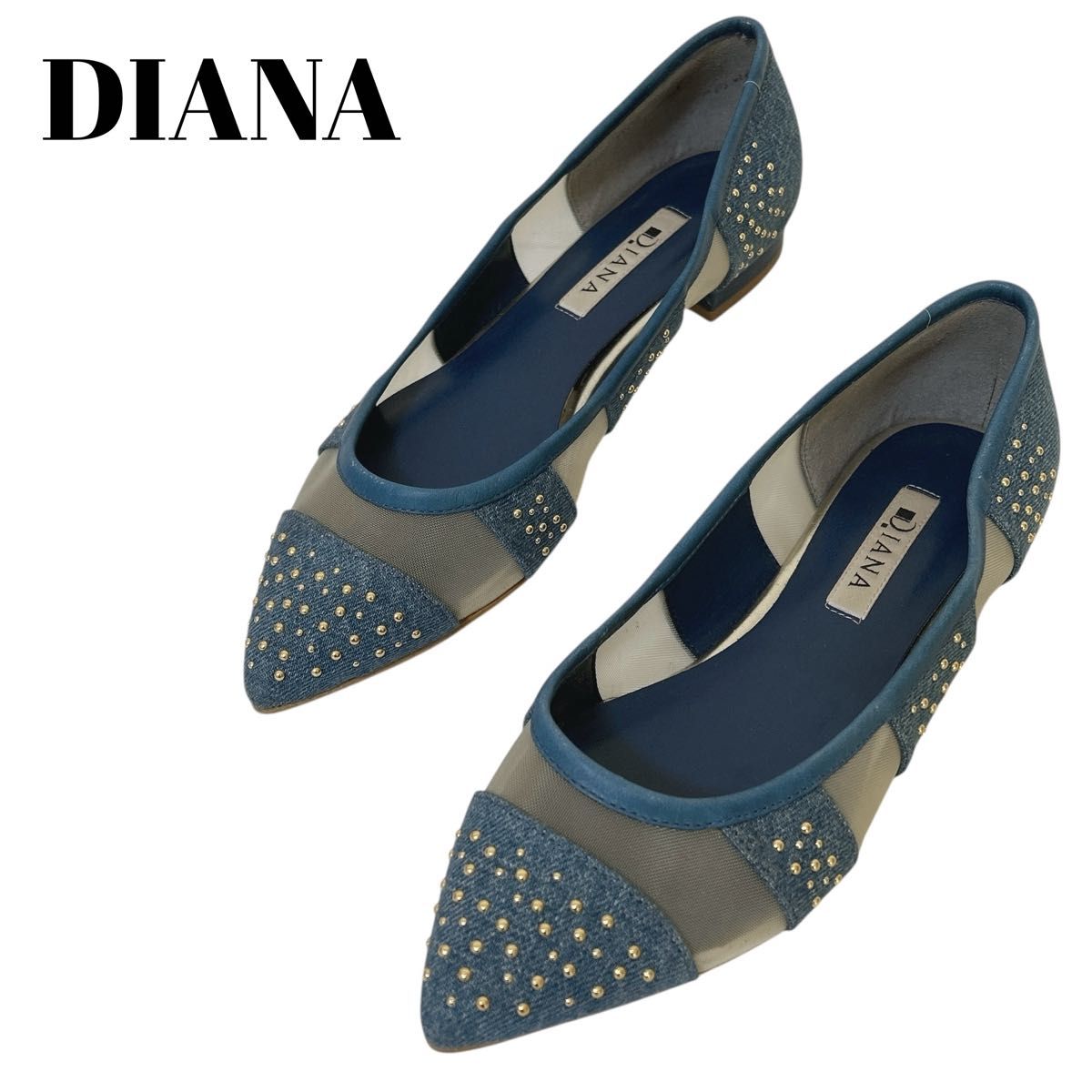 【美品】DIANAダイアナ/フラット パンプス スタッズ レース 23.5 黒 美品 DIANA(23 5)レース スタッズ スエード フラットシューズ