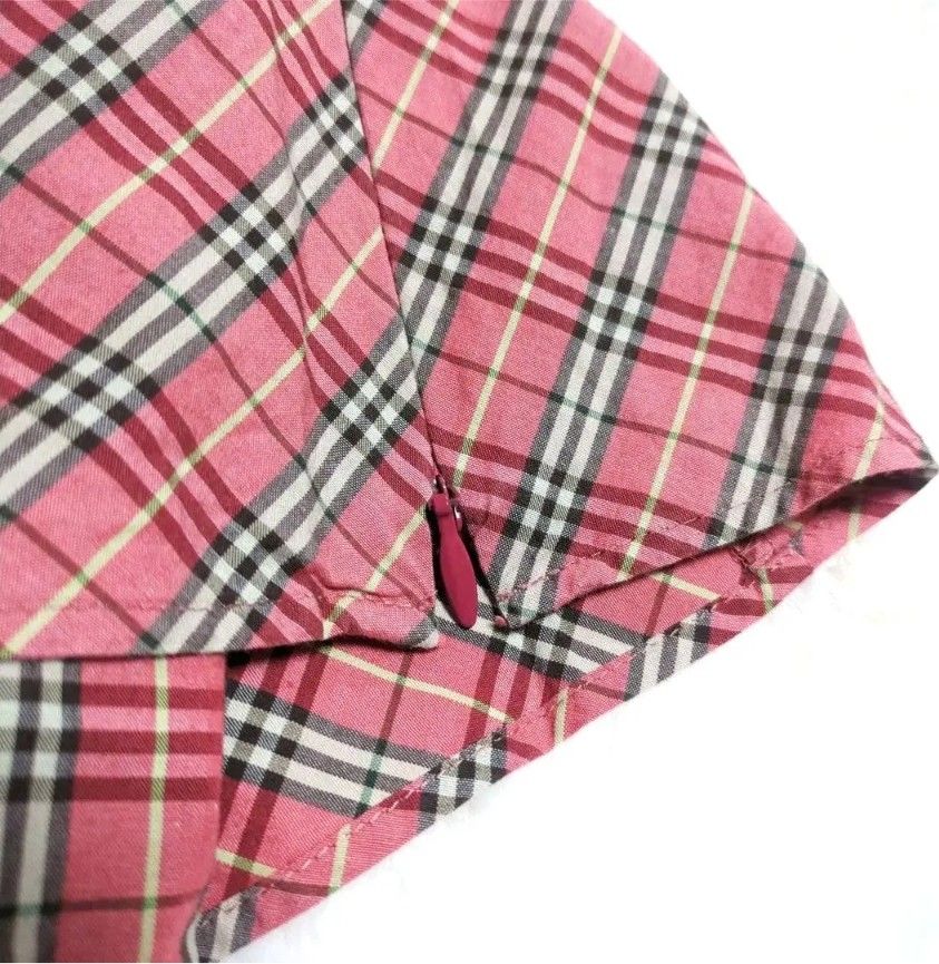 最終!【極美品】バーバリー ブルー系 ノバチェック パフスリーブ リボン キャミ 美品 BURBERRY BLUE LABEL レッド系ノバチェック ブラウス