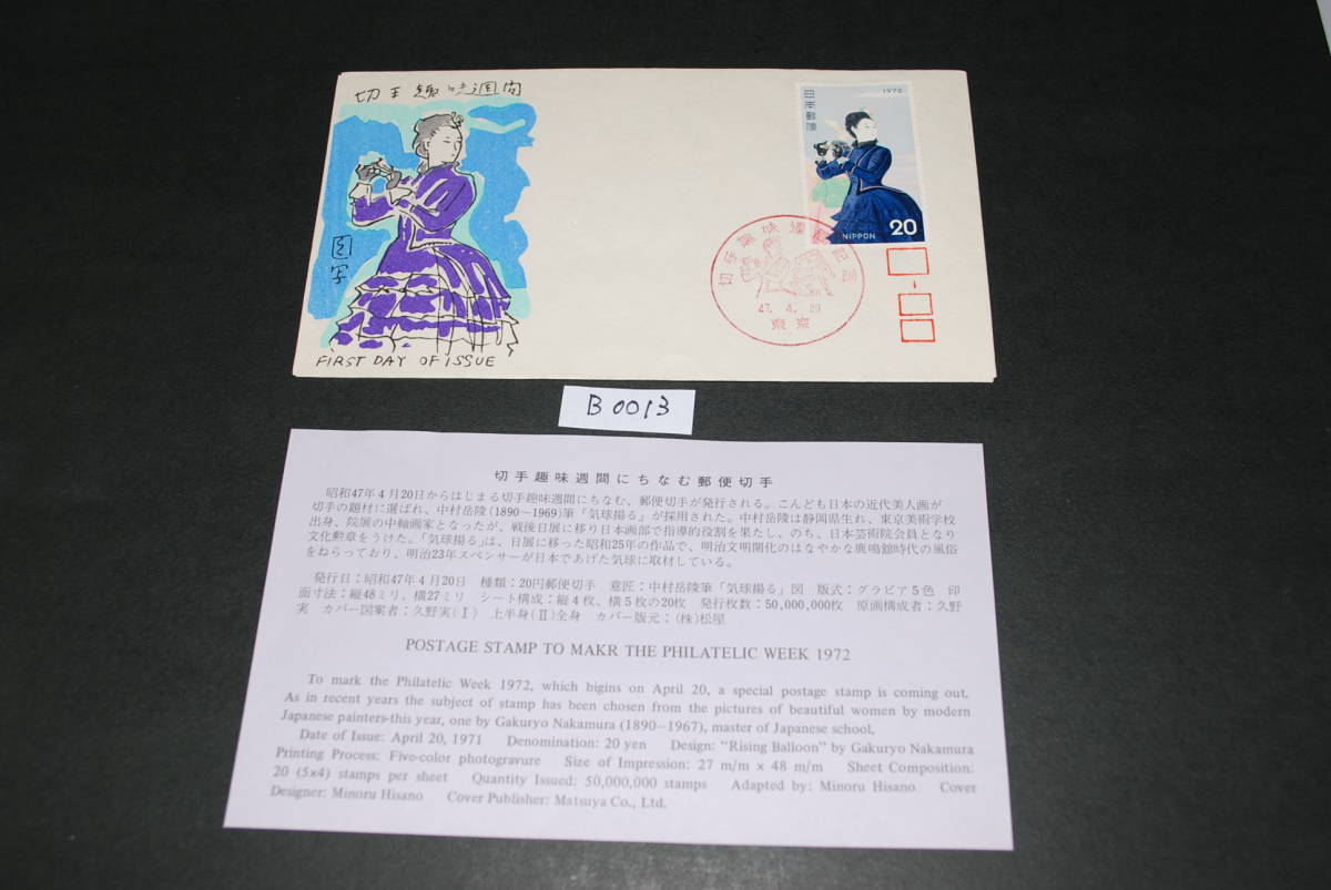 ●即決　初日カバー　人気記念切手　切手趣味週間 1972　中村岳陵「気球揚る」　　B0013_画像1