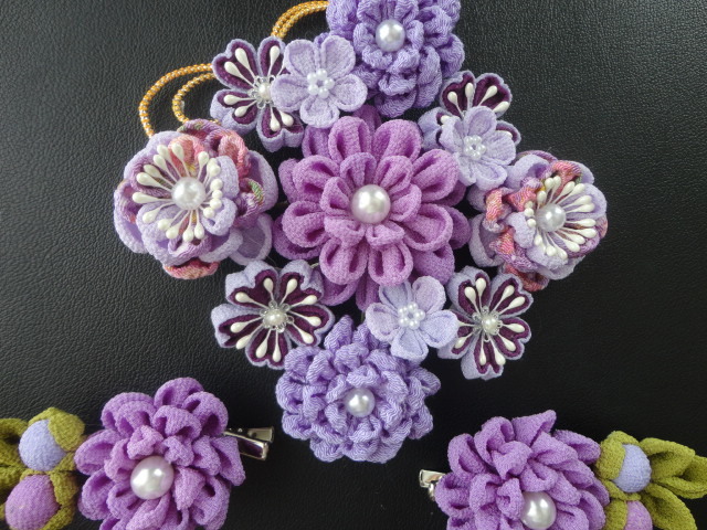 *otowa* flower ornamental hairpin * safety pin *wani pin * lavender * purple series * Short cut * kimono * Japanese clothes * crepe-de-chine * knob skill *.. old *3 point set *