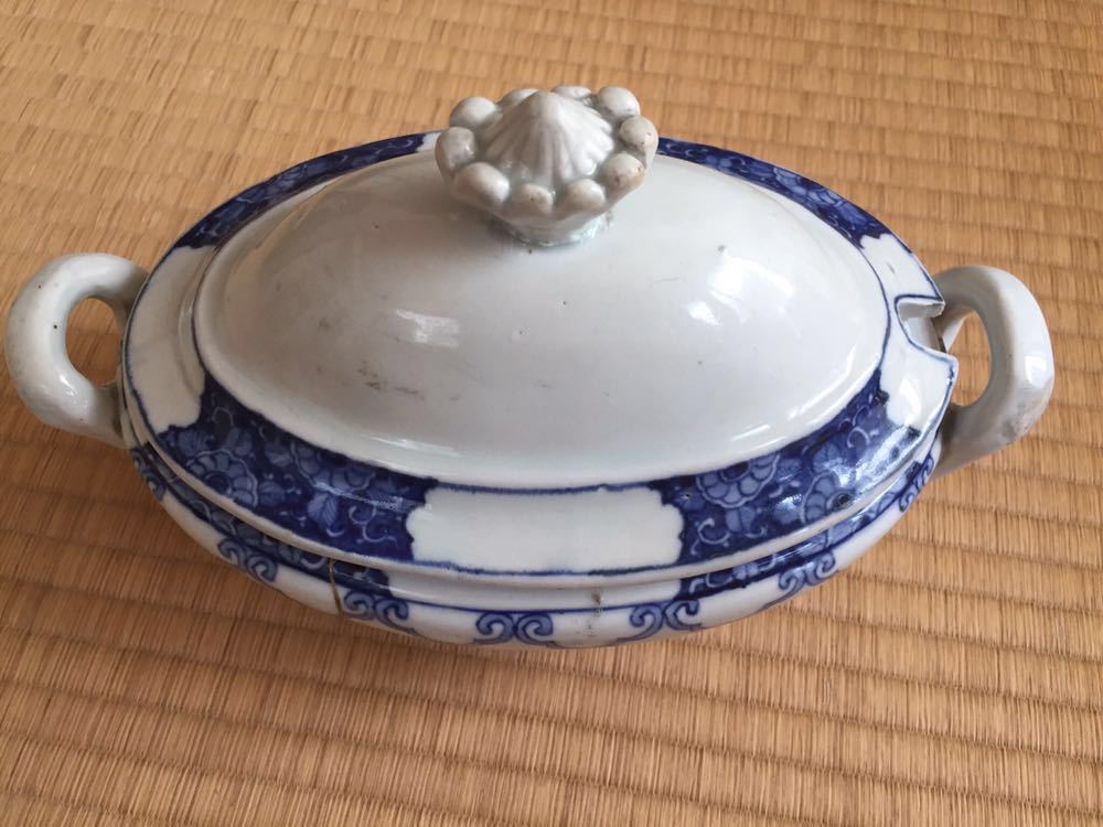 中国古陶磁器清末期欧州輸出用青花蓋付スープ入れ持ち手含む約25cm