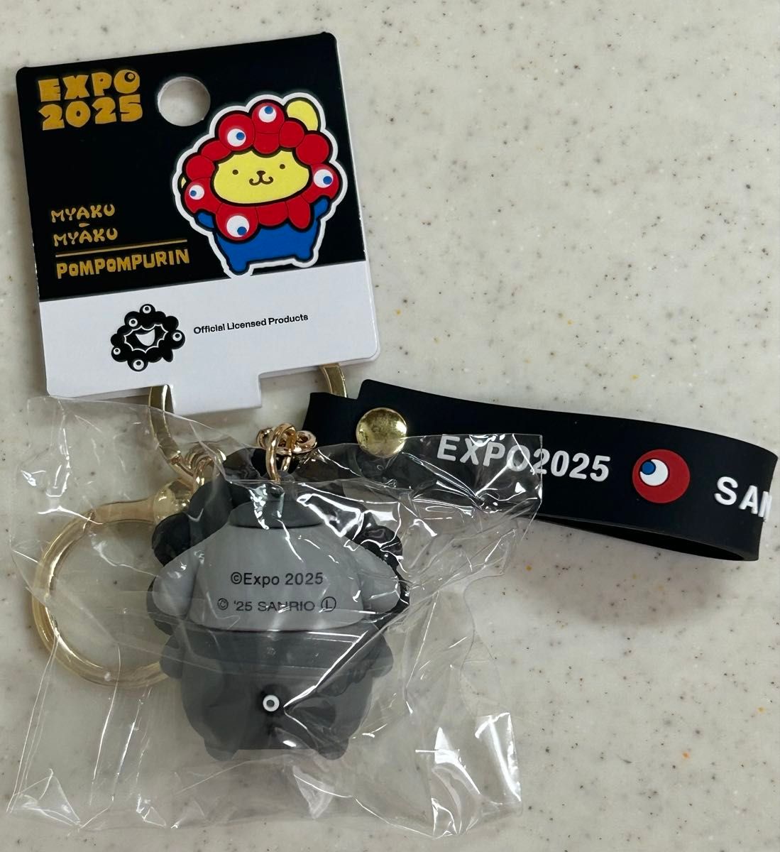 ポムポムプリン　黒＆クリアマスコットキーホルダー2点セット　関西大阪万博 EXPO 2025 関西万博会場限定 ミャクミャク ポムポムプリン 黒 黒
