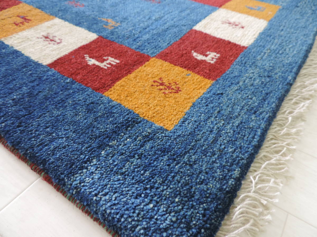 ギャッベ 手織り ウール ギャッベの本場 イラン シラーズ産 玄関マットサイズ 90cm×63cm カーペット 絨毯 【本物保証】