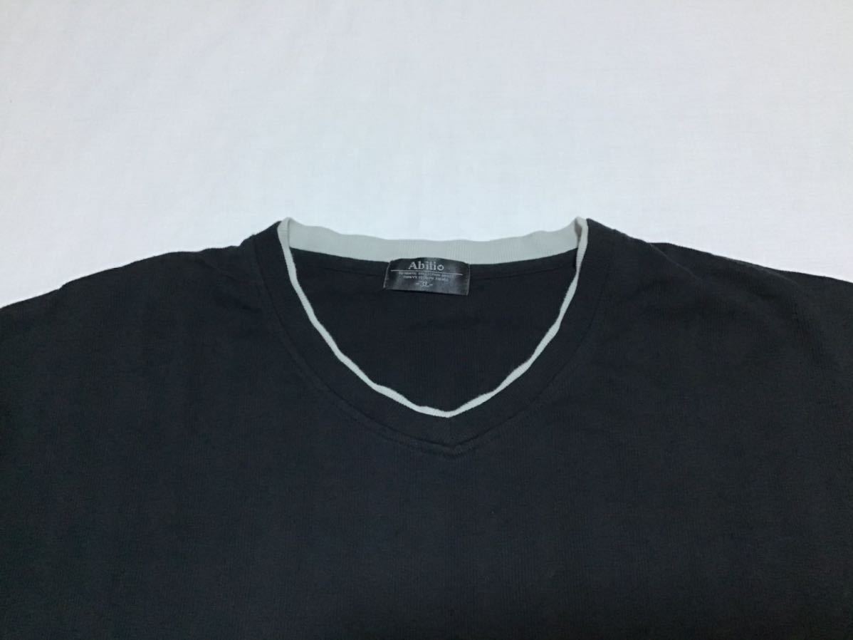Abitio // シャドーストライプ柄 半袖 Vネック コットン Tシャツ・カットソー (黒) 大きいサイズ 3L_画像3