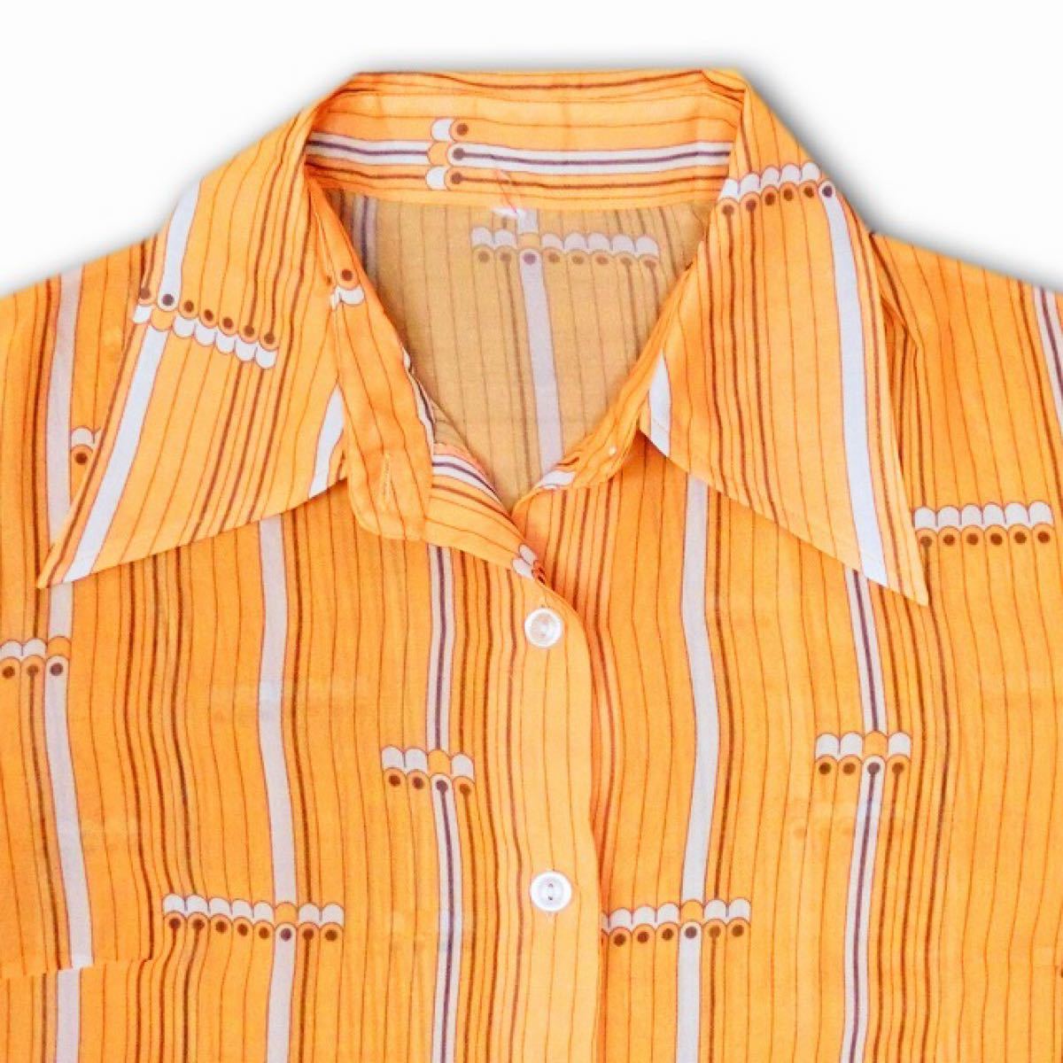 レトロ 古着 シャツ 半袖 ストライプ オレンジ ビタミンカラー 2-56
