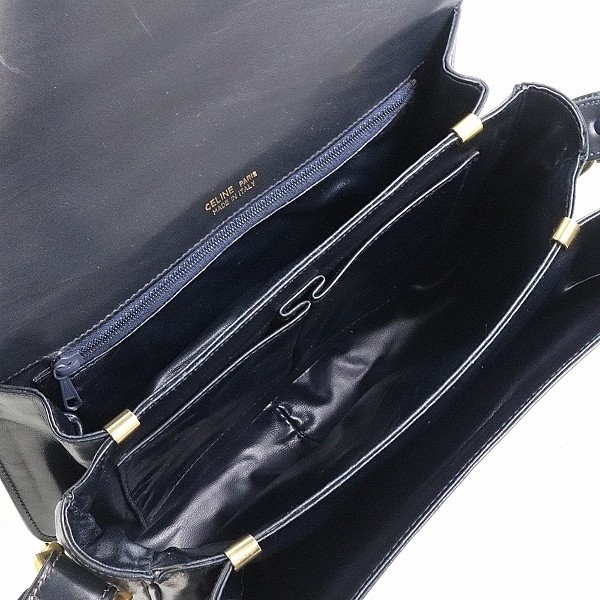 美品 ヴィンテー○CELINE セリーヌ 馬車 ゴールド金具 オールレザー ショルダー バッグ 紺 ネイビー CELINE セリーヌ 馬車金具 ゴールド レザー