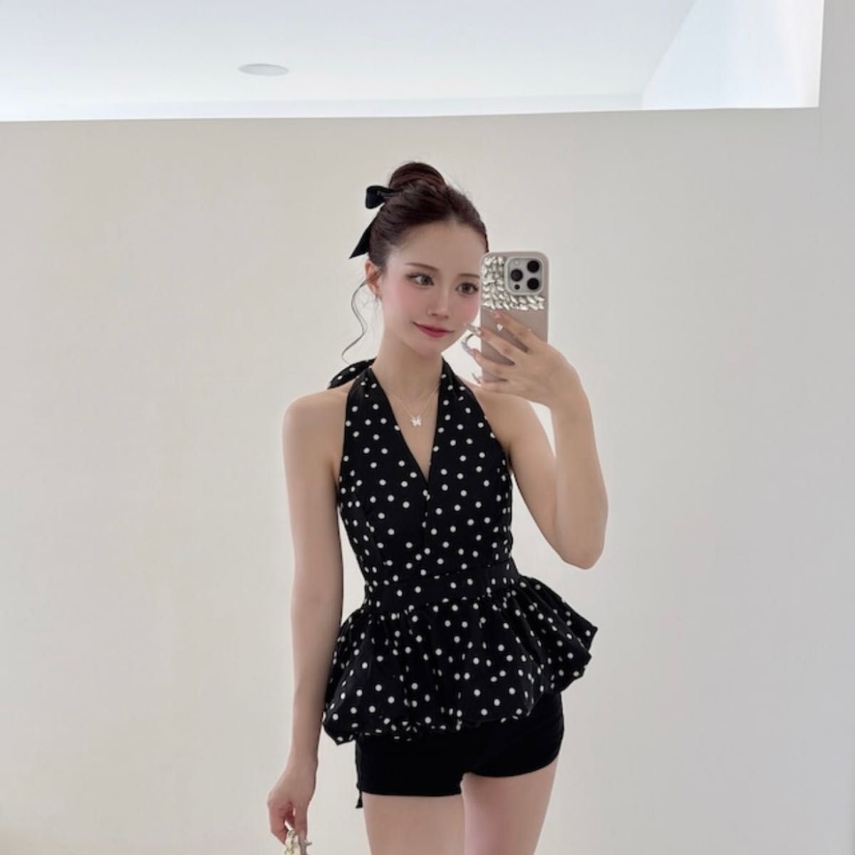 ダーリッチ リボンツイードペプラムトップス elmyu back ribbonドットペプラムトップス M ダーリッチ アンド