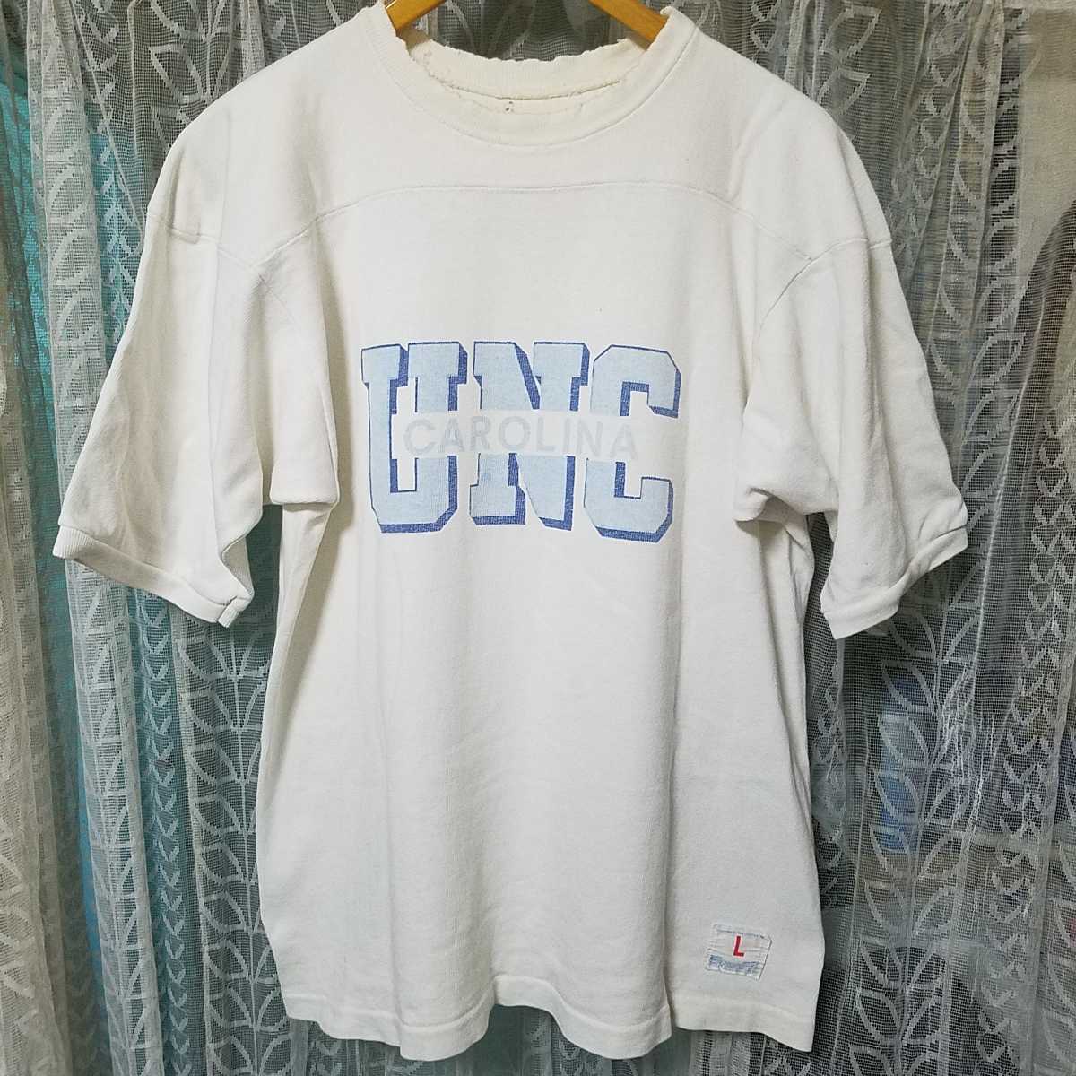 希少ヘビーコットン!70's CHAMPION 染み込みプリント フットボールTシャツ L 白 ビンテージチャンピオンタタキタグ単色トリコランナーズ