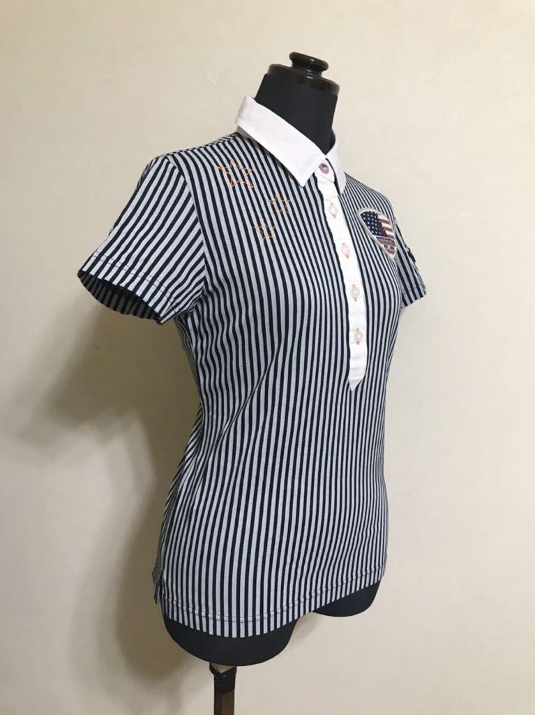 【美品】 Munsingwear golf マンシングウェア ゴルフ レディース ドライポロシャツ ストライプ シャツ トップス サイズM 半袖 SL1629_画像9