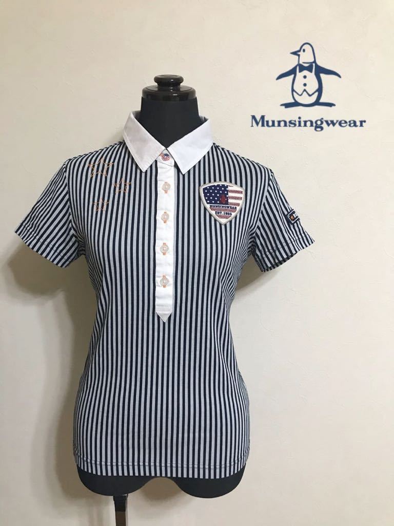 【美品】 Munsingwear golf マンシングウェア ゴルフ レディース ドライポロシャツ ストライプ シャツ トップス サイズM 半袖 SL1629_画像1