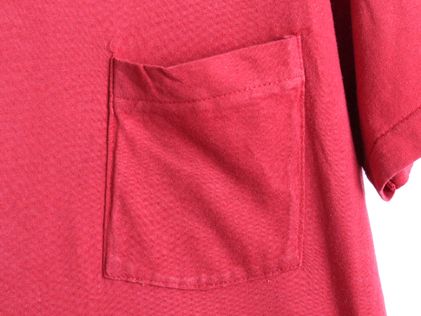 80s ビンテージ ■ ポケット付き 半袖 Tシャツ ( 男性 メンズ M 程) 古着 80年代 無地 ポケT 耳 赤 エンジ シングルステッチ 半袖Tシャツ_画像3
