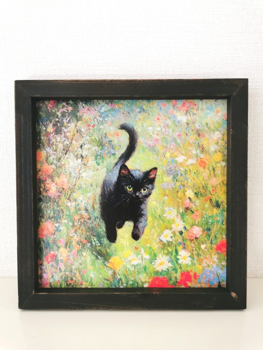 額付き サビ猫 絵画 油彩 油絵風 黒猫 絵画 アート アンティーク 木製フレーム付き 額装