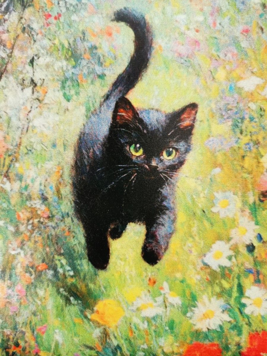 風景画 黒猫と庭のアート 油絵風 黒猫 絵画 アート アンティーク 木製フレーム付き 額装