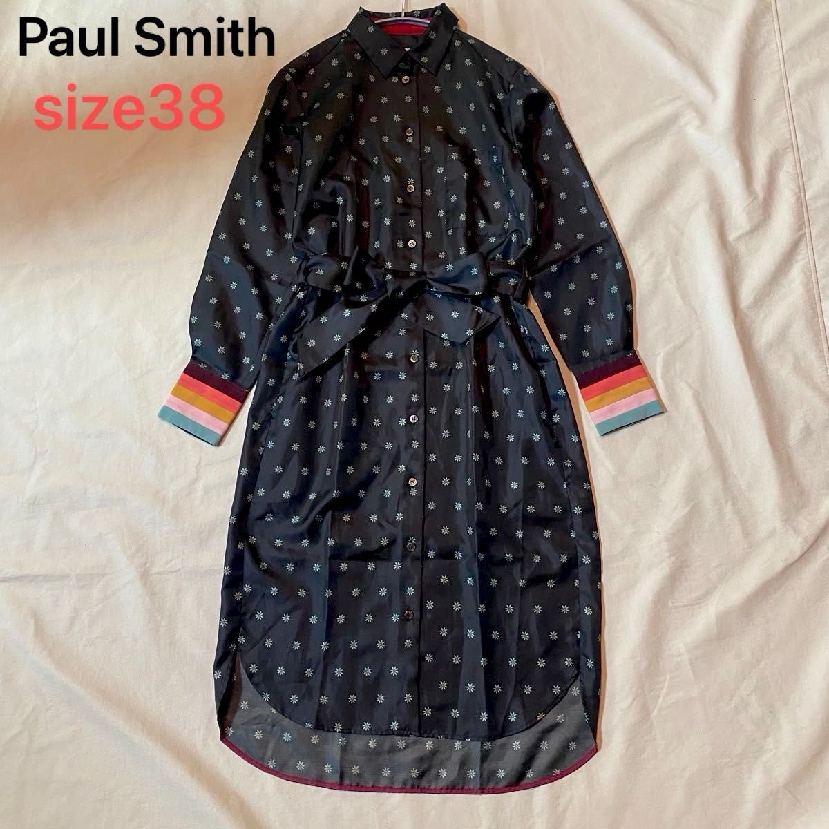 PS paulsmith ピーエスポールスミス シャツワンピース ウエストリボン ポールスミス 花柄 シャツワンピース リボンベルト ブラック