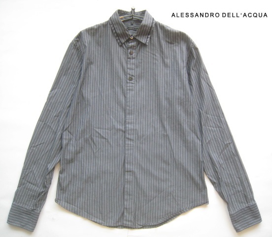 高級イタリア製!!アレッサンドロデラクア alessandro dell'acqua*ストライプ柄比翼ストレッチシャツ 54 実寸XL グレー_画像1