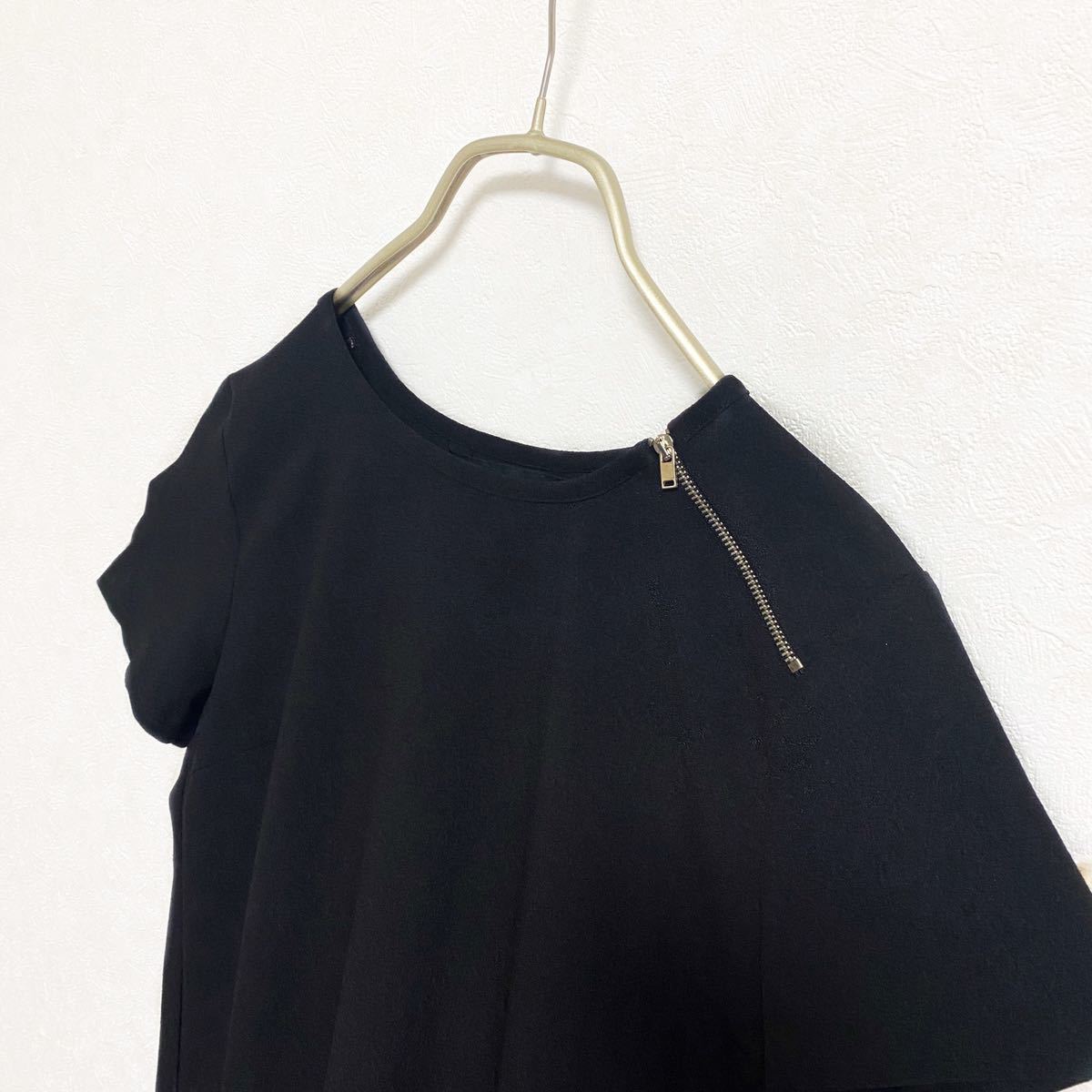 【廃盤】ZARA ジップ プリーツ デザインワンピース レディース S ブラック ザラ ワンピース ひざ丈 ミドル丈 ミディ丈 黒 半袖 バック