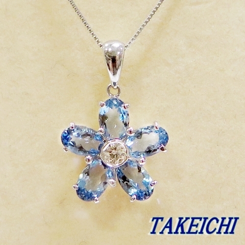 K18WG☆ネックレス アクアマリン1.7ct/ダイヤモンド0.11ct◇43cm