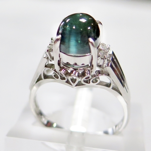 Pt900☆リング トルマリンキャッツアイ2.91ct/ダイヤモンド0.3ct◇13