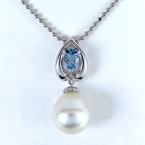 Pt900/Pt850 ★ネックレス パール11.6mm アクアマリン0.57ct ◇ダイヤモンド0.02ct ●最長39.5cm ◆鑑別書付き【中古】/s01103_画像1