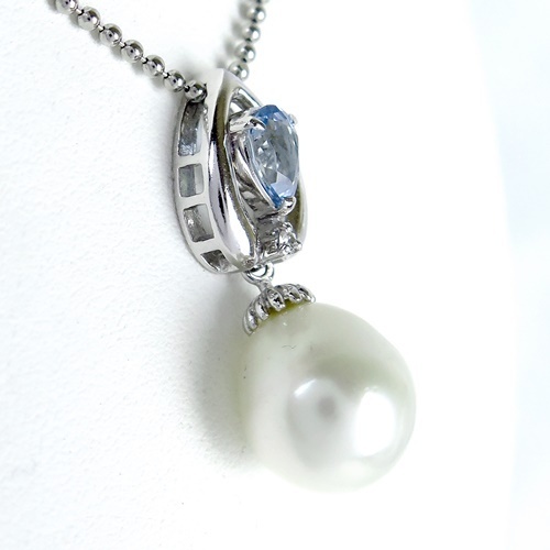 Pt900/Pt850 ★ネックレス パール11.6mm アクアマリン0.57ct ◇ダイヤモンド0.02ct ●最長39.5cm ◆鑑別書付き【中古】/s01103_画像2