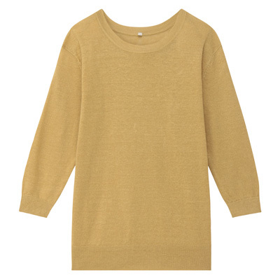 * beautiful goods MUJI Muji Ryohin French linenUV cut round neck sweater S 3990 jpy mustard knitted pull over laundry ending anonymity shipping ]