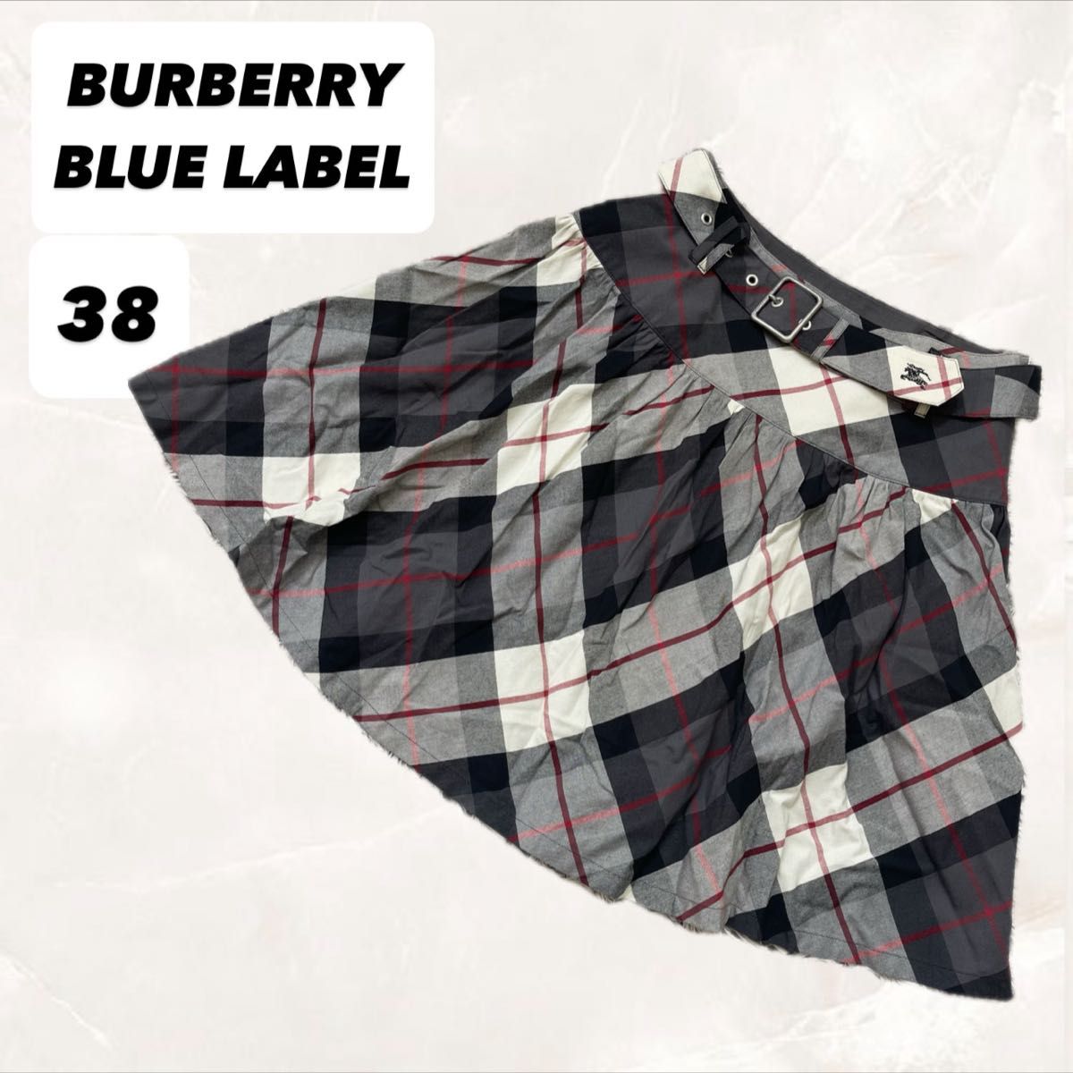BURBERRY BLUE LABEL ロゴ刺繍 ベルト付 フレア ミニスカート 美品】BURBERRY BLUE LABEL チェック柄フレアスカート 38 ミニ丈