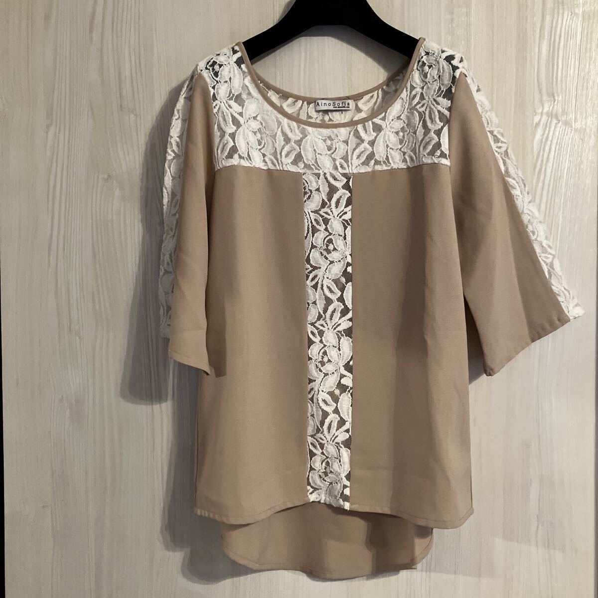 レース ブラウス 七分袖 カットソー アイボリー オーバーブラウス Ｍ Ｓ ベージュ トップス チュニック 襟なし ノーカラー ポリエステル