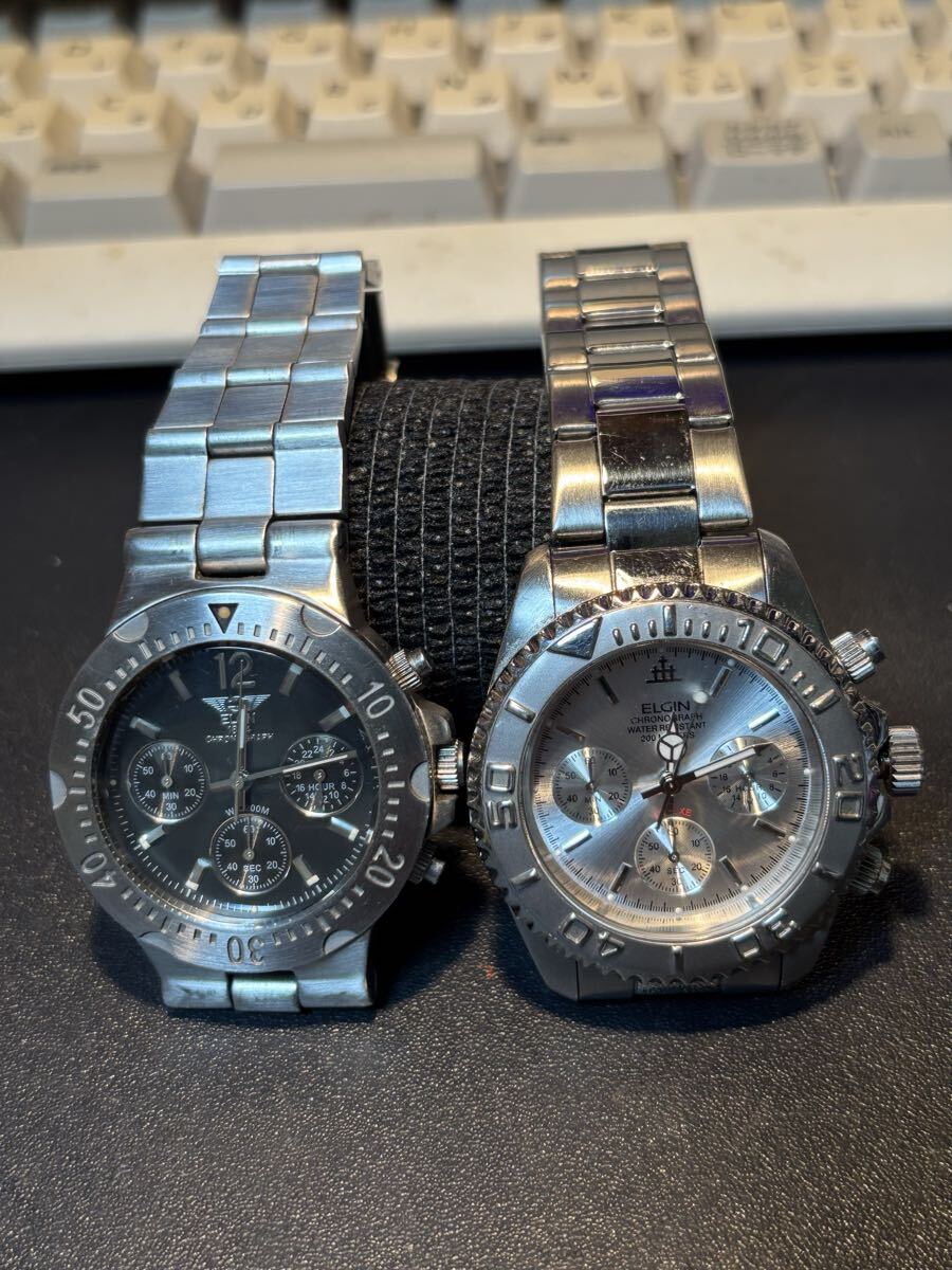 ELGINクロノグラフクォーツ防水200mFK-1083-Eデイアゴノタイプ&FK-1120-Dヨットマスタータイプ2個セット稼働品