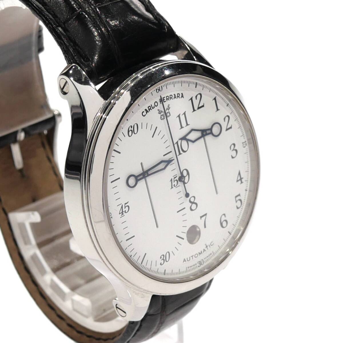 1円スタート 美品 稼動(dòng)品 CARLO FERRARA カルロフェラーラ レギュレーター CF1997 デイト 自動(dòng)巻き 里スケ ラウンド シルバー 白文字盤(pán)